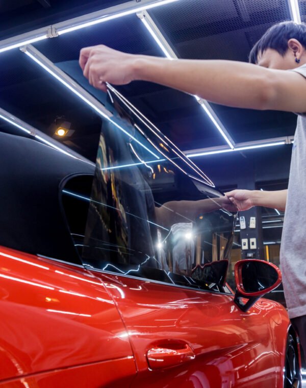 Applying tinting foil on a car window in a auto service. Red car at background