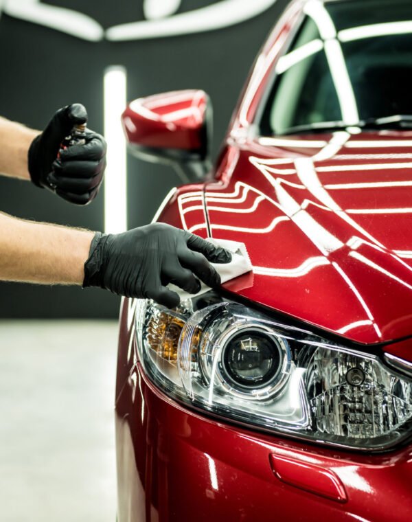 Car service worker applying nano coating on a car detail